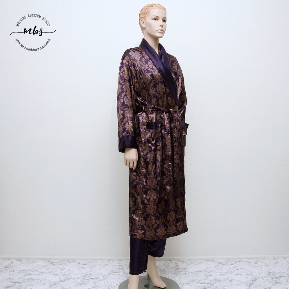 Design Studio Floral Brocade Pajama & Robe Set Tassel Tie Purple Golden Women S - Picture 2 of 16
